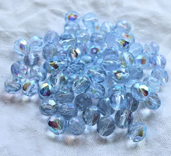 25 8mm Czech glass beads, Extra Light Blue Sapphire AB, firepolished faceted round beads C5625 - Glorious Glass Beads