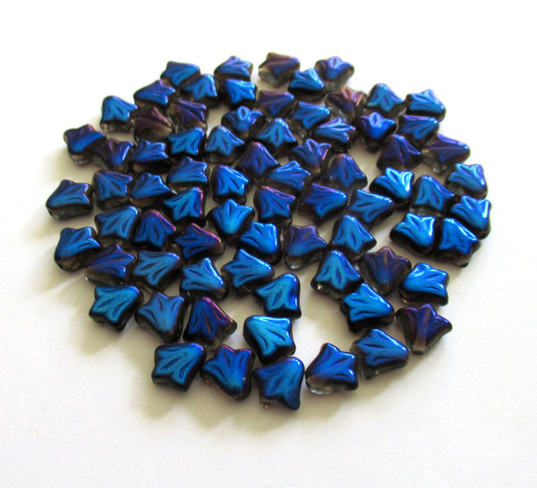 Lot of 25 8.5mm Czech glass flower beads - blue metallic pressed glass lily flower beads C0088