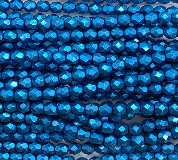 25 faceted round Czech glass beads - 6mm fire polished saturated metallic blue beads - C0045