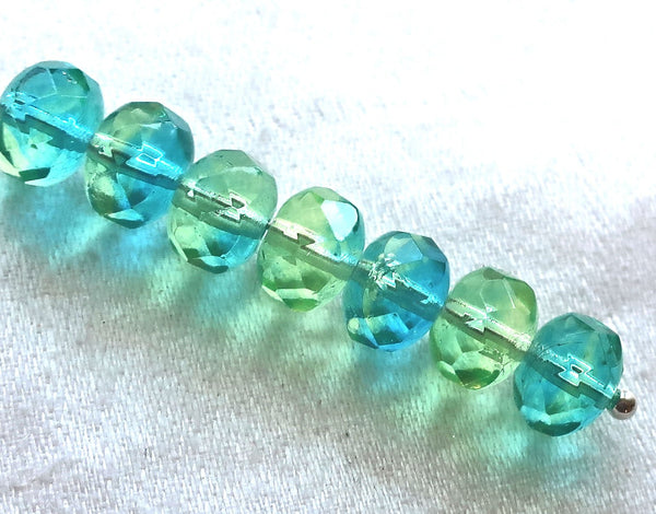 25 faceted Czech glass puffy rondelle beads, 8 x 6mm transparent mint green and aqua blue mix, rondelles on sale 0901