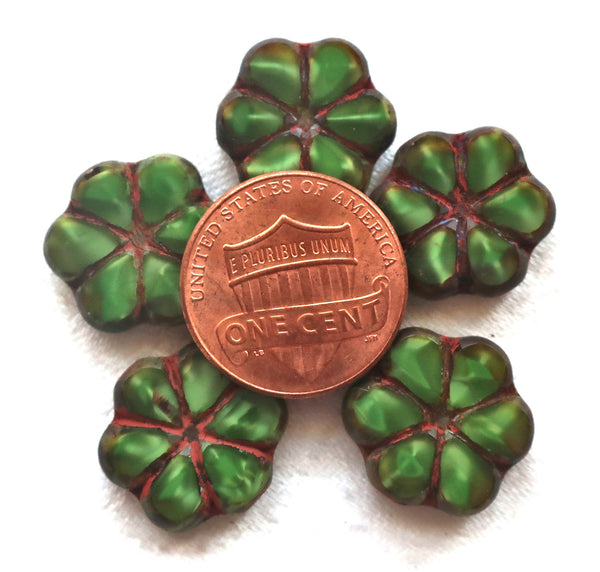 Lot of six Czech glass flower beads, 15mm table cut, carved, opaque, marbled forest or hunter green silk with a picasso finish, C34106 - Glorious Glass Beads