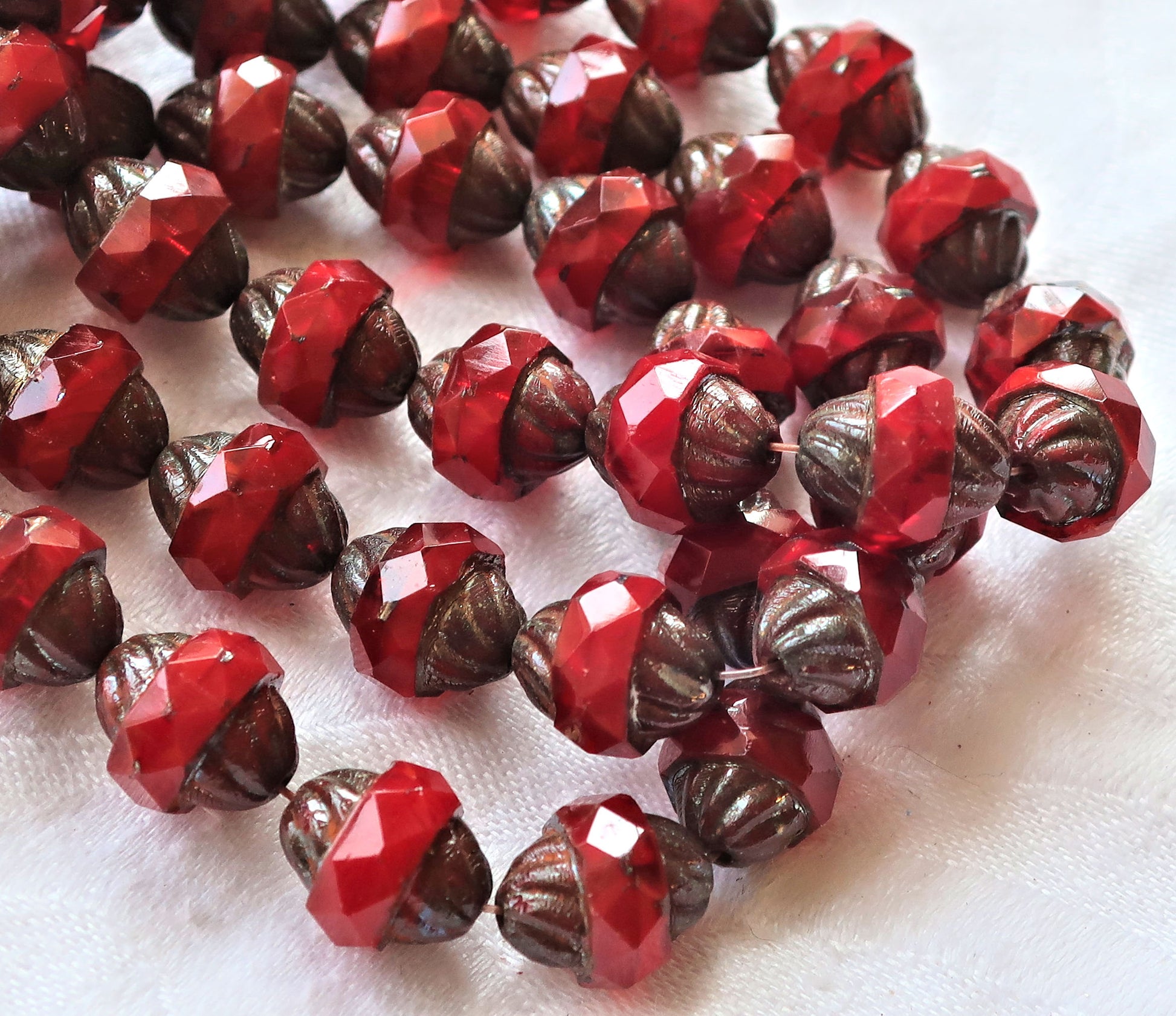 Five Czech glass faceted turbine beads, 11 x 10mm, translucent bright red with a picasso finish C60101 - Glorious Glass Beads