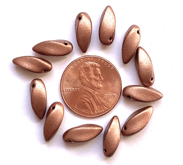 20 Czech glass twisted teardrop, petal or dagger beads - top drilled 6 x 12mm matte metallic copper pressed glass beads C0038