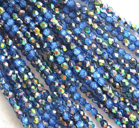 Lot of 50 3mm Sapphire Blue Vitral Czech glass beads, firepolished faceted round beads C8450 - Glorious Glass Beads