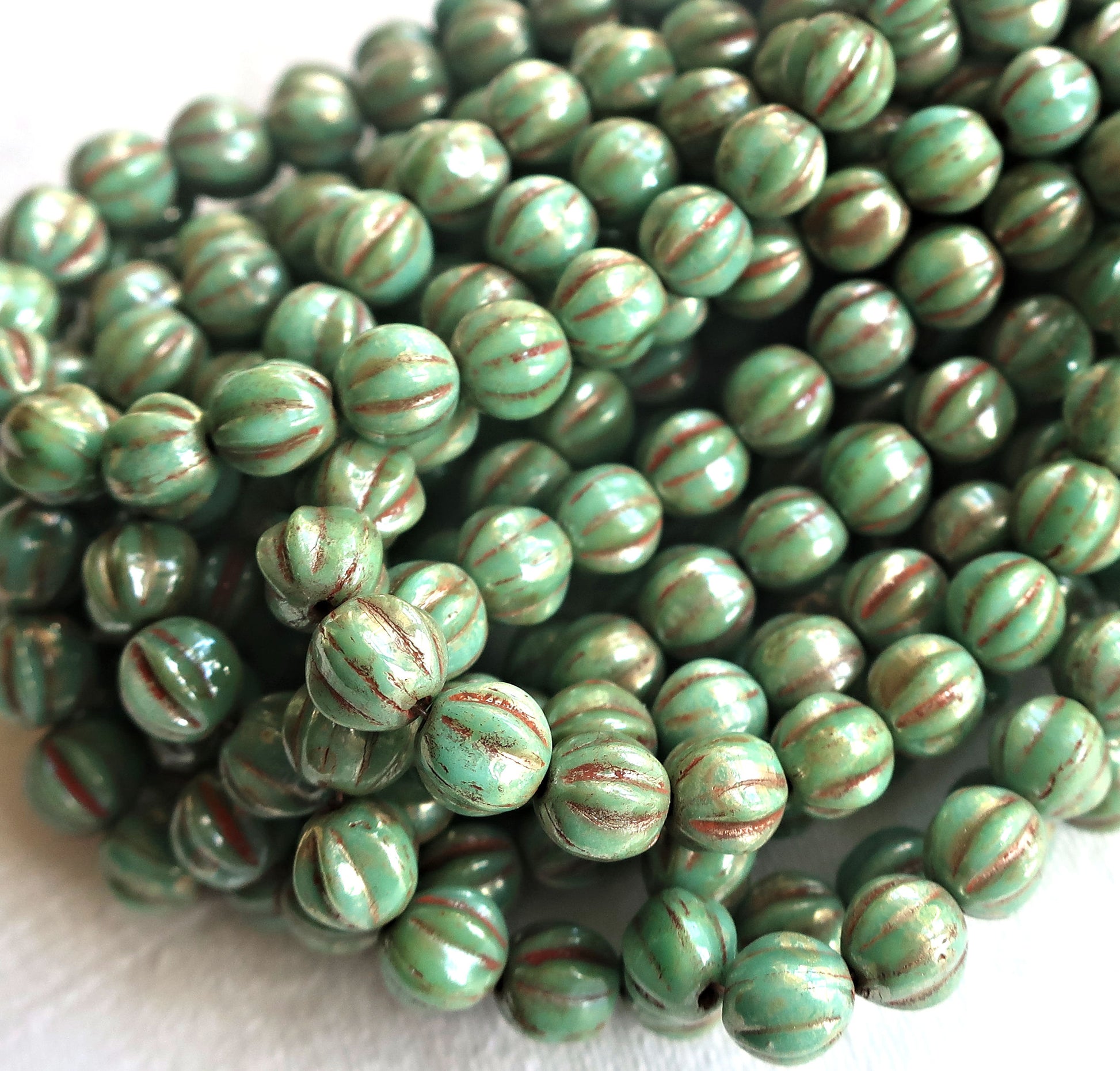 Lot of 25 6mm pressed Czech glass melon beads, pea green picasso beads with coral accents C0901 - Glorious Glass Beads