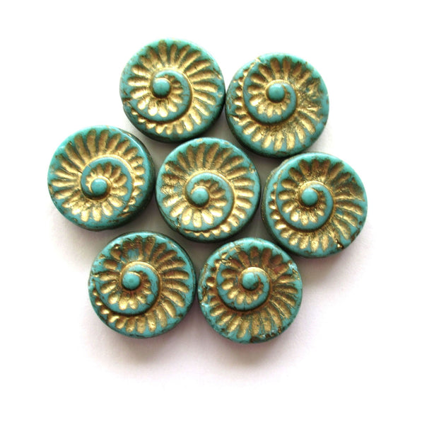 Four 18mm large Czech glass snail fossil beads - opaque turquoise green with a gold wash - earthy, rustic coin, disc focal beads C00661