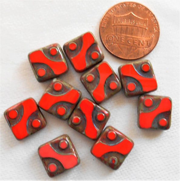 Lot of ten 10mm x 10mm square opaque bright red table cut, picasso Czech glass beads with dots C14101 - Glorious Glass Beads