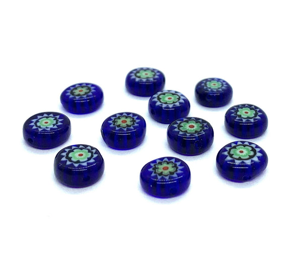 Ten 8mm cane or millefiori glass beads - blue green and white coin or disc beads - C0008
