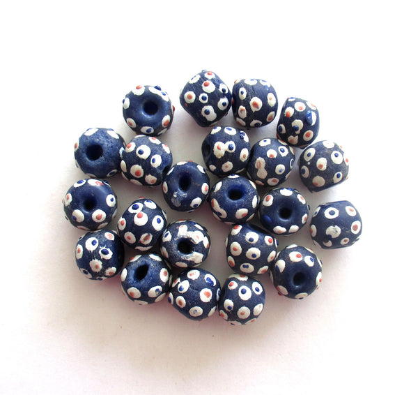 Lot of 8 African Ghana Krobo round glass evil eye beads - blue beads with color mix dots - 11-12mm - big hole rustic earthy beads - C0039