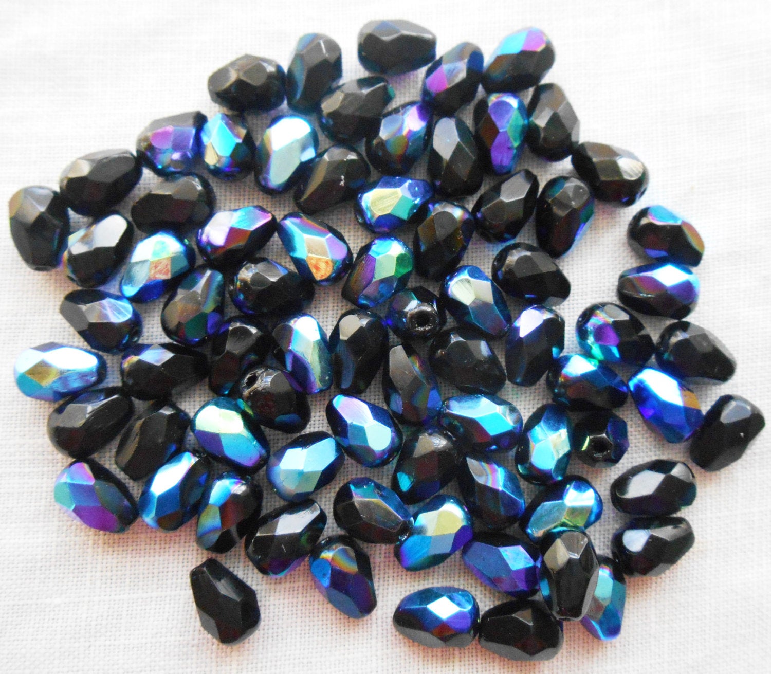 Lot of 25 7 x 5mm Jet Black AB teardrop Czech glass beads, faceted firepolished beads C9601 - Glorious Glass Beads