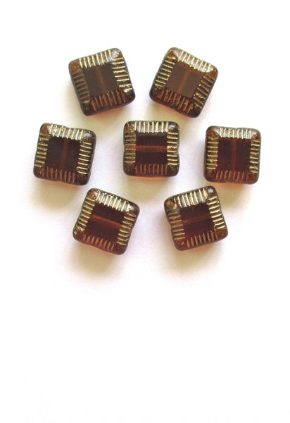 Four 14mm x 6mm Czech glass square beads - smoky topaz brown with gold accents table cut carved beads - 6.5mm thick chunky beads C0077
