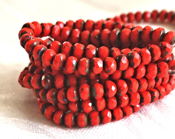 30 small, opaque bright red picasso puffy rondelle beads, 3mm x 5mm faceted Czech glass rondelles 51101