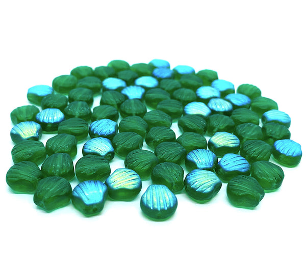 Twenty Czech glass seashell, fan or clam beads -8mm matte emerald green shell beads AB - C0058