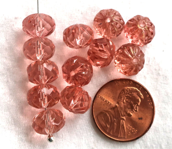 Ten Czech glass faceted, carved cruller beads, 7 x 10mm transparent rosaline pink rondelles, sale price 9801 - Glorious Glass Beads
