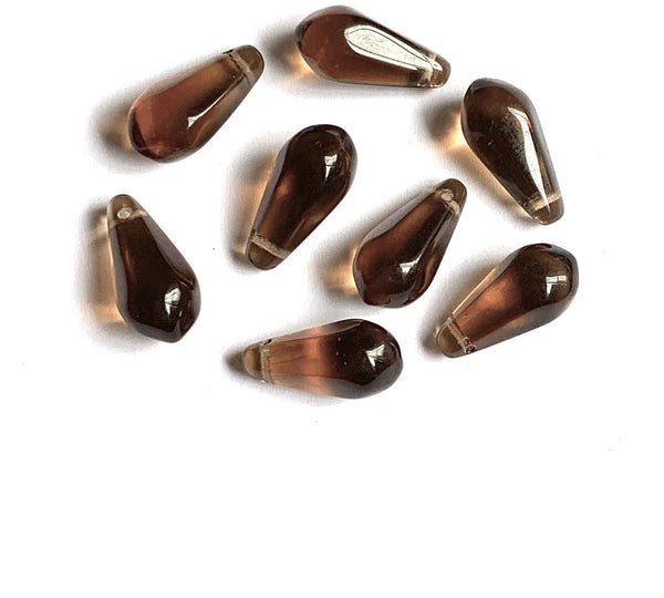 Ten large Czech glass teardrop beads - 9 x 18mm smoky topaz transparent brown pressed glass faceted side drilled drops six sides C0023