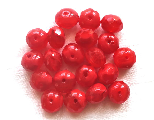 25 faceted red Czech glass puffy rondelle beads, opaque and translucent bright red marbled rondelles, sale price 03101 - Glorious Glass Beads
