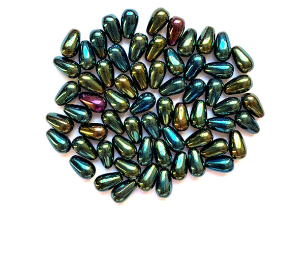 Lot of 25 10 x 6mm Czech glass green iris teardrop beads - center drilled smooth drop beads C0082