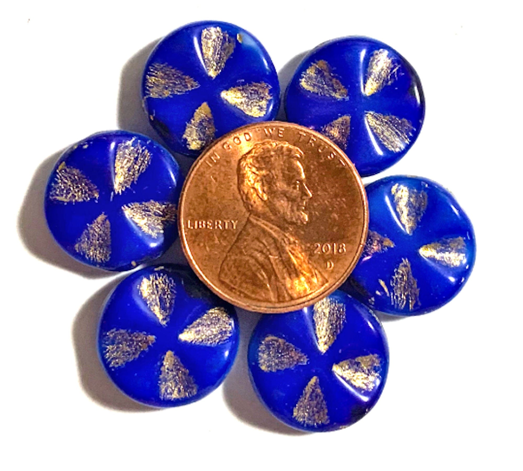Six Czech glass beads, disc or coin beads, opaque blue / white Celtic, Iron cross with a gold picasso finish C0911