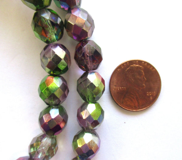 Ten Czech glass fire polished faceted round beads - 10mm green & purple AB color mix beads C0077