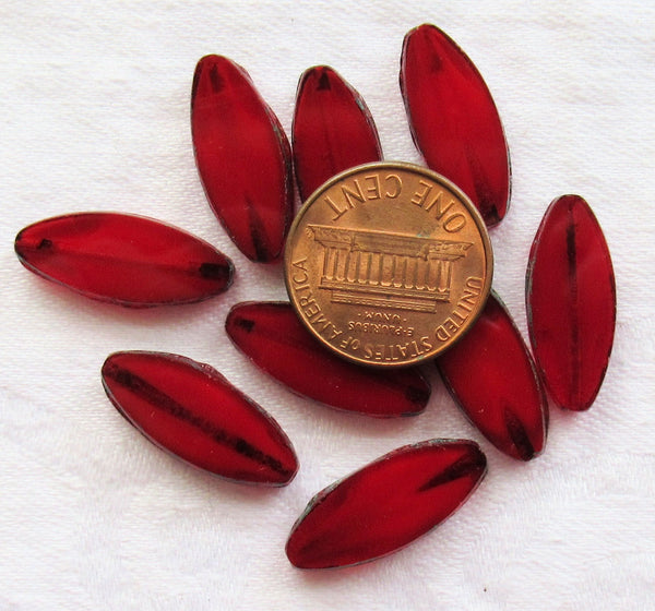 Ten Czech glass spindle beads - 20 x 9mm - transparent & opaque red opaline mix - table cut, almond shaped rustic earthy tube beads C33201 - Glorious Glass Beads