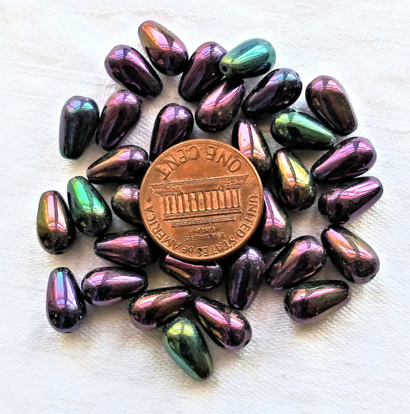 Lot of 25 Czech glass drop beads - smooth purple iris teardrop beads - 10 x 6mm C0301 - Glorious Glass Beads