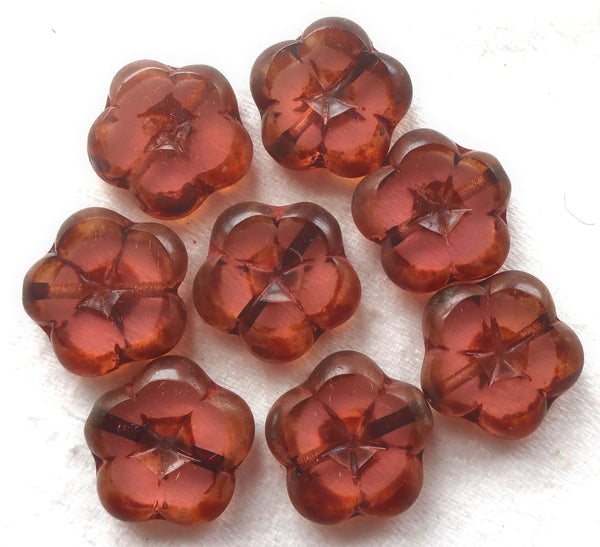 Five 14mm Czech glass flower beads, table cut, carved, transparent pink picasso flowers, C59105 - Glorious Glass Beads