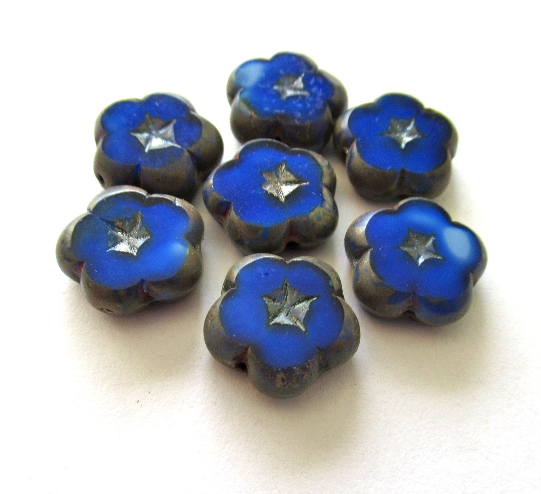 Lot of six 14mm Czech glass flower beads - table cut, carved opaque blue and white marbled glass with silvery picasso accents C000311