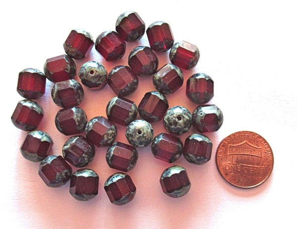 Ten Czech glass faceted cathedral or barrel beads six sides - 10mm fire polished garnet red beads with picasso finish on the ends C0018