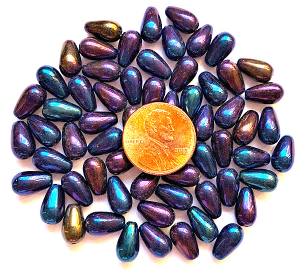 Lot of 25 10 x 6mm Czech glass blue iris teardrop beads - center drilled smooth drop beads C0082