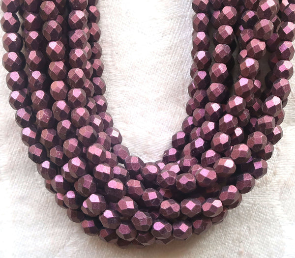 Lot of 50 4mm Czech glass beads, matte metallic suede, sueded pink fireploished, faceted roind beads 9650