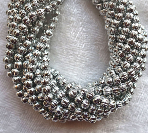 Lot of 100 3mm Czech pressed glass melon beads - Shiny Metallic Silver melon beads, C54101
