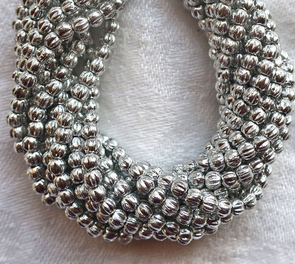 Lot of 100 3mm Czech pressed glass melon beads - Shiny Metallic Silver melon beads, C54101 - Glorious Glass Beads
