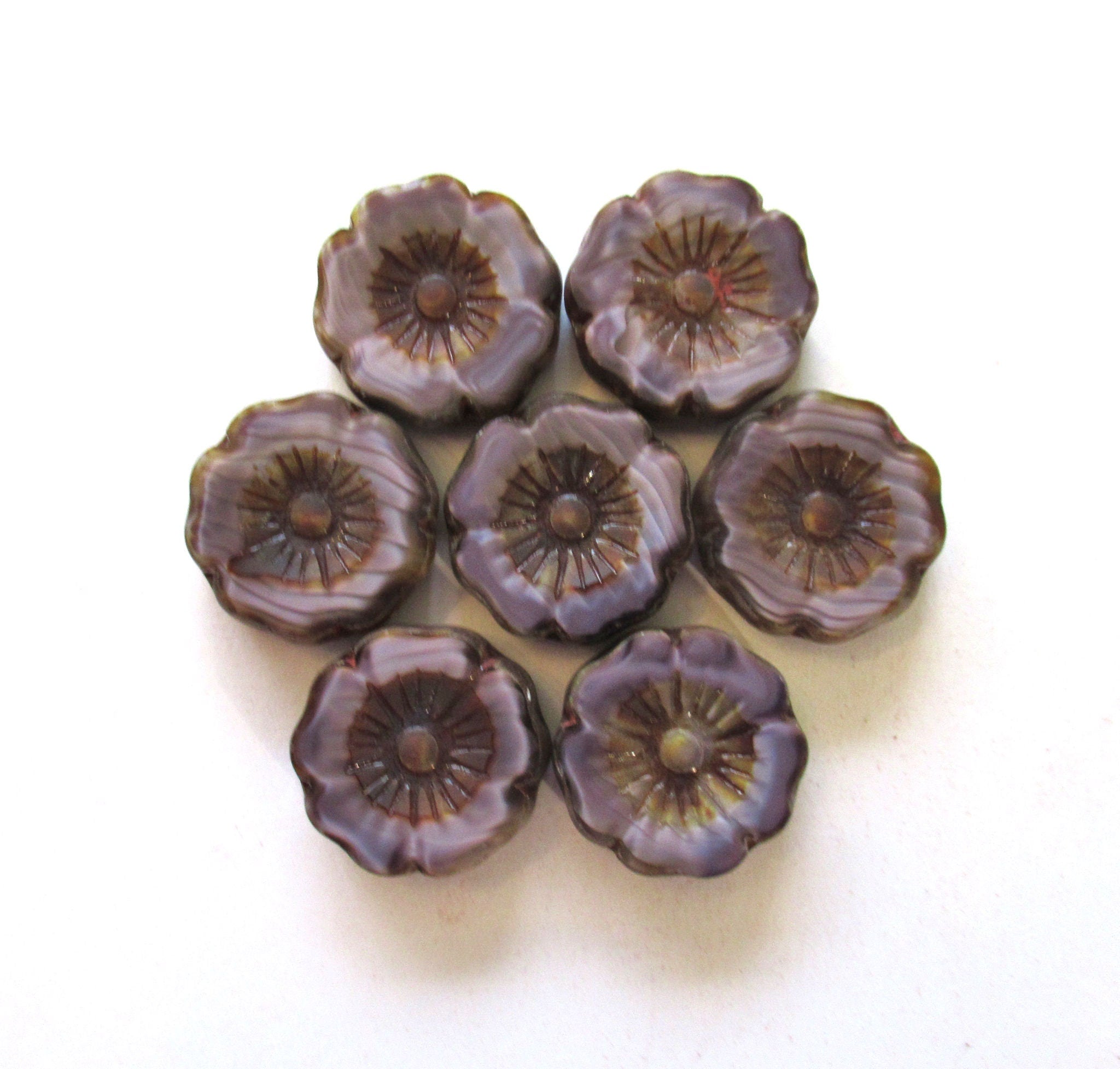 2 large 22mm Czech glass flower beads - Table cut carved silky marbled purple or amethyst picasso beads - Hawaiian hibiscus focal - 00881