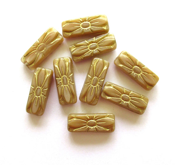 Five 20 x 8mm Czech glass beads - rectangular flower tube beads - rectangle beads - opaque beige with gold accents beads - C3801