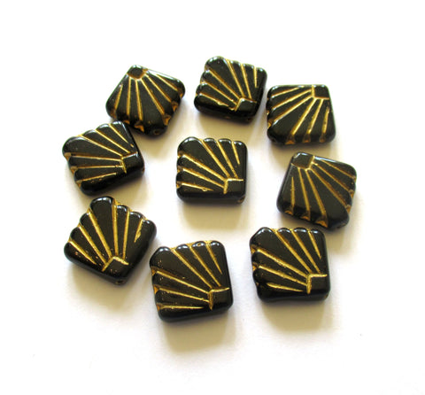 8 Czech glass square fan beads - 17 x 17mm - jet black beads with a gold wash - C0037