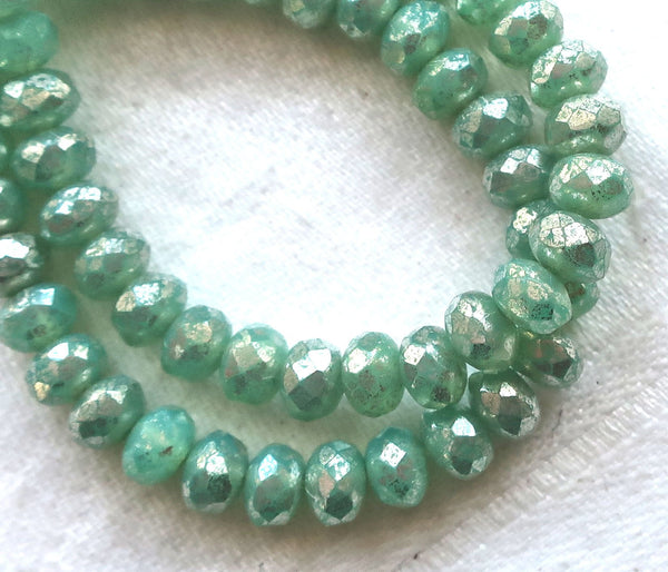 30 small puffy rondelle beads, mint green with a silvery mercury finish, 3mm x 5mm faceted Czech glass rondelles 53101 - Glorious Glass Beads