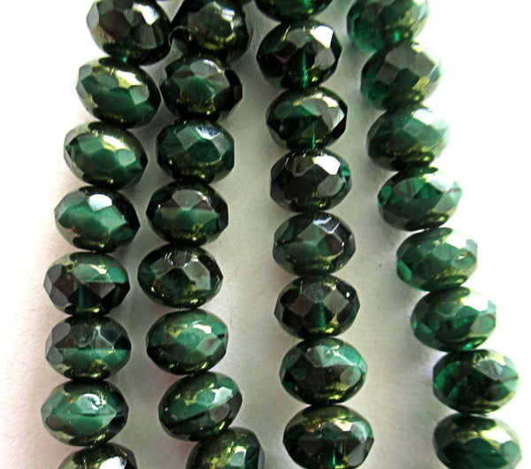 Lot of 25 Czech glass puffy rondelles - Opaque marble light and dark forest green picasso faceted rondelle or donut beads - 5 x 7mm C00002