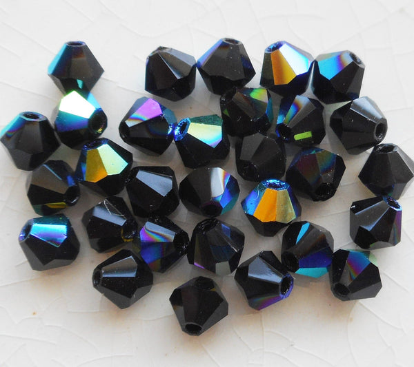 Lot of 24 4mm Czech opaque Jet Black AB glass faceted bicone beads, Preciosa Crystal black AB bicones 9401