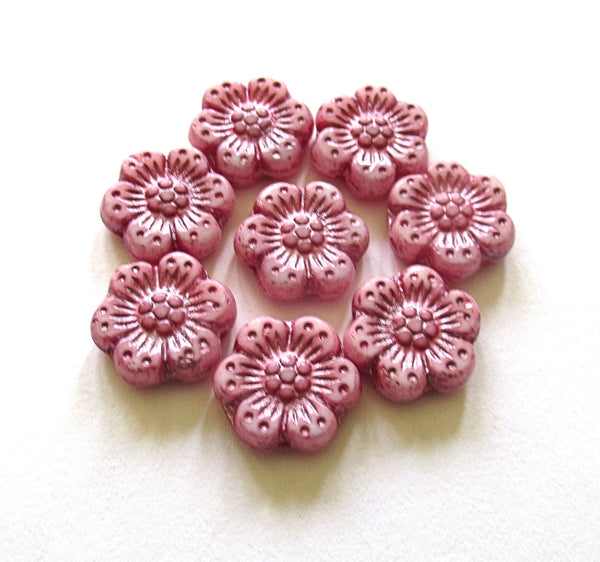 Twelve Czech glass wild rose flower beads - 14mm opaque pink floral beads with luster pink wash C0058