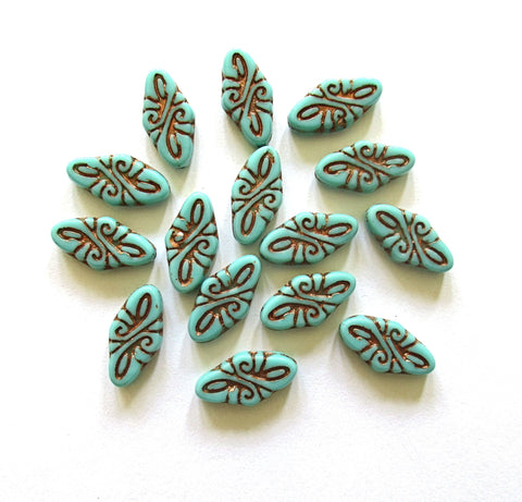 8 Czech glass arabesque beads - 9 x 19mm turquoise green diamond shaped engraved beads with a bronze wash - C0049