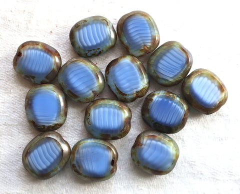 five lage oval Czech glass beads, 14 x 12mm opaque mabled blue & white glass, flat tablecut window beads with a picasso finish C00101 - Glorious Glass Beads
