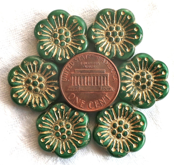 Lot of 5 large 18mm opaque green and gold Czech glass flower beads, forest green pressed glass flower beads, 83101 - Glorious Glass Beads