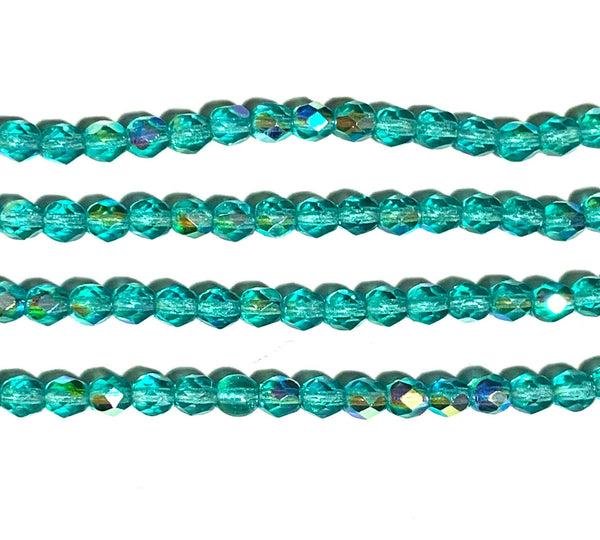 Lot of 50 4mm light teal blue green AB Czech glass beads, round, faceted fire polished beads C0055