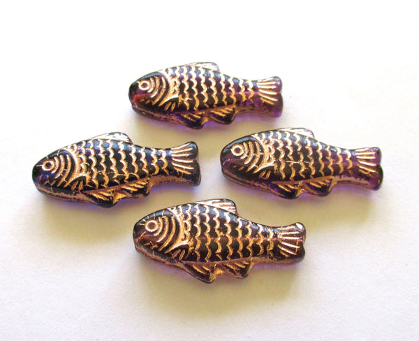lot of 4 large Czech glass fish beads - 25 x 14mm transparent light amethyst / purple fish with a gold wash - C0057