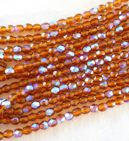 50 4mm Czech glass topaz amber AB beads, firepolished faceted round glass beads C5601