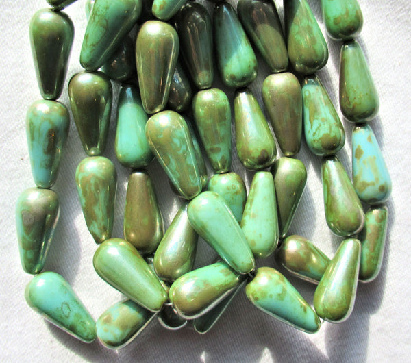 Lot of six Czech glass long teardrop beads - opaque turquoise blue green with a picasso finish - 9 x 20mm elongated tear drops 51106