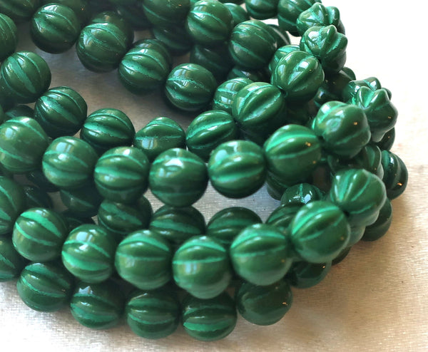 25 melon beads, 6mm forest, opaque dark hunter green pressed Czech glass beads C0901