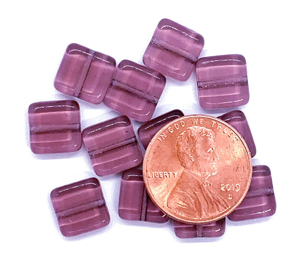 Twenty 9mm square Czech glass beads - transparent purple amethyst pressed glass beads C0004