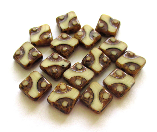 Ten 10 x 10mm Czech glass square beads - opaque off white picasso, table cut, carved dot beads - earthy, rustic beads - C00311