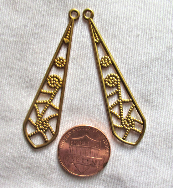 2 raw brass stampings pair- ornate Vintage filigree earrings or charms with ring - 50mm x 12.5mm - USA made C2502